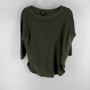 Express Sweater Womens S Olive Green Waffle Knit Acrylic 3/4 Sleeve Curved Hem